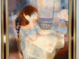 painting of a woman sitting at a table with a vase of flowers in front of her