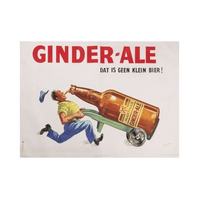une affiche représentant un homme poussant un chariot sur lequel se trouve une bouteille de bière