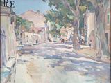une peinture à l'huile représentant une rue avec des arbres et des bâtiments en arrière-plan