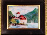 painting of a castle on a lake with a sailboat in the foreground