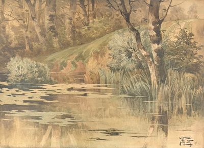 a painting on the wall of a pond with water lilies