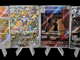 five different pokemon cards on display on a black background