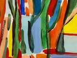 an abstract painting of a group of trees in a field