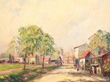 tableau représentant une route de campagne avec une calèche garée sur le bord de la route