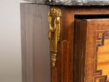 a wooden cabinet with two drawers and a marble top