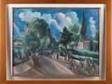 painting of a group of people riding bicycles down a road