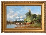 une peinture à l'huile représentant des vaches au bord d'une rivière, avec des arbres et des nuages en arrière-plan