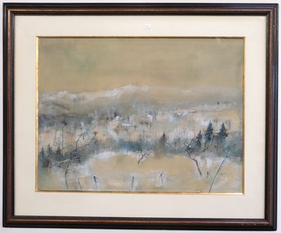 an oil painting of a landscape with trees in the foreground