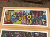 two framed pictures of people riding bicycles on the street