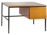 an image of a wooden desk with a drawer underneath it