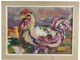 an oil painting of a rooster in a white frame on a white background