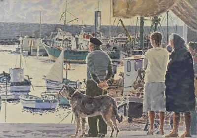 painting of a group of people and a dog on a dock