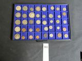 a picture of a blue tray with a lot of coins in it