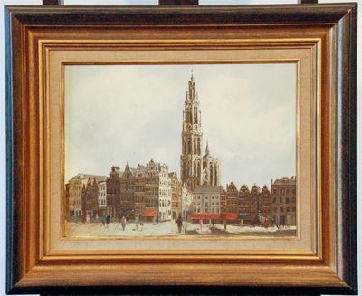 painting of a view of a city with a clock tower in the background