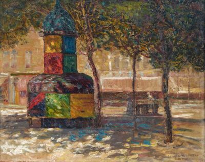 une peinture représentant un bâtiment coloré au milieu d'un parc