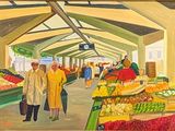 tableau représentant un couple se promenant dans un marché où sont exposés des produits frais