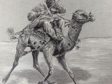 an old drawing of a man riding on a camel with a spear