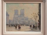 painting of people walking down a street with a cathedral in the background