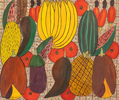 un tableau représentant des fruits et des légumes posés sur une table