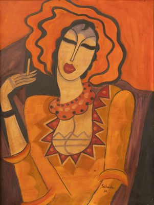 une peinture à l'huile représentant une femme coiffée d'un chapeau rouge et tenant une cigarette