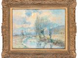 a painting of a landscape with a river and trees