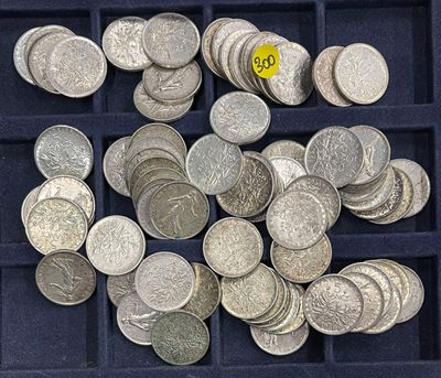 a lot of silver coins in a blue tray