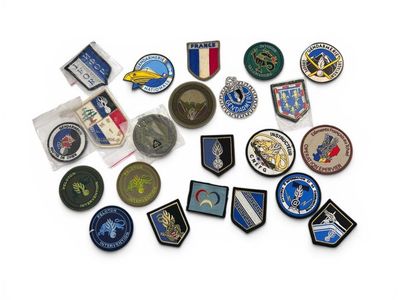 many different types of military badges on a white surface