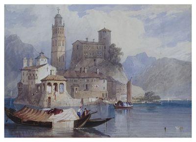 a painting of a boat in a body of water with a castle in the background