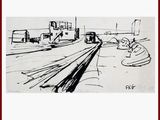 dessin représentant une voie ferrée avec des wagons et une personne assise sur un banc