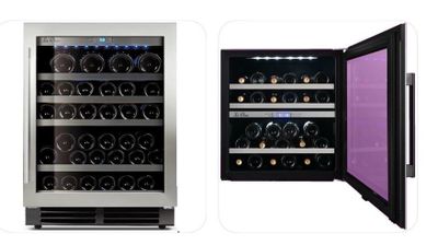 two wine coolers with different bottles in them