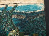 a painting of a window with a view of the mountains