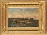 an image of a painting of a farm scene with cows in the foreground