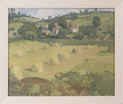 an oil painting of a farm scene with cows grazing in a field