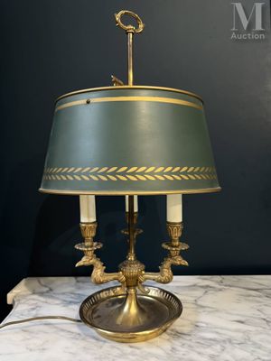 an antique brass table lamp with a green shade