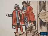 a drawing of two people standing on top of a building