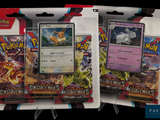 Deux paquets de cartes Pokémon se trouvent dans un emballage sur fond noir.