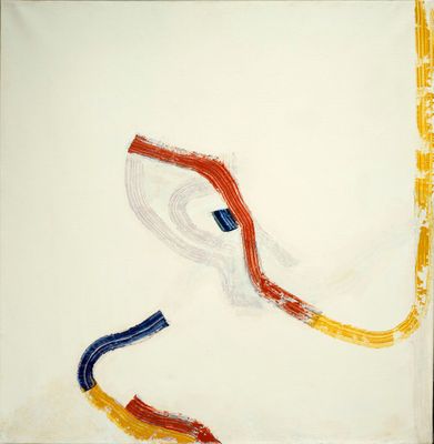 an image of a painting on a white surface with a red, yellow, and blue brush stroke