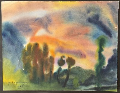 aquarelle représentant un coucher de soleil avec des cactus au premier plan