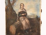 un vieux tableau représentant une femme assise sur une bûche dans un champ