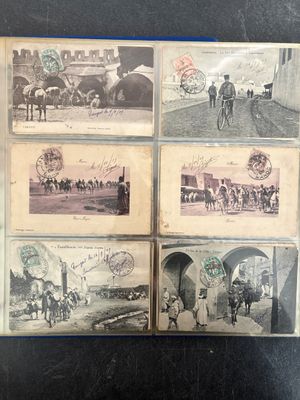 several old photos of people riding horses and carriages on a street