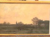 une peinture à l'huile représentant un cheval dans un champ, avec des arbres en arrière-plan