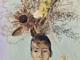 a painting of a woman with a vase of flowers on her head