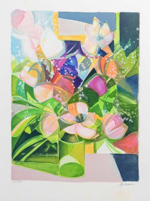 une image d'une peinture de fleurs dans un vase sur une table
