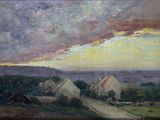 une peinture à l'huile représentant un coucher de soleil sur une ferme et une route