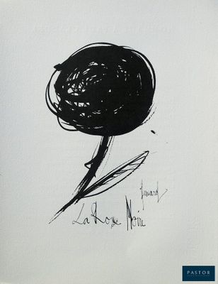 dessin d'une fleur noire sur une feuille blanche, avec un fond bleu