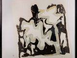 a black and white painting of a man riding a horse