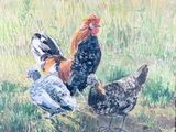 painting of a group of chickens in a field of grass