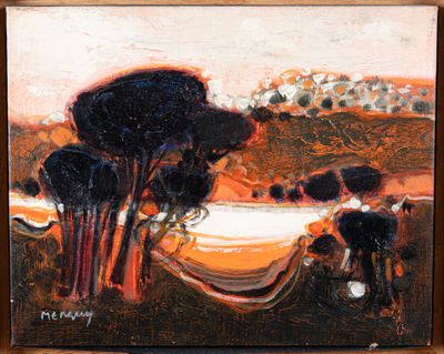 an oil painting of cows grazing in a field near a body of water