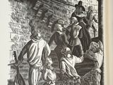 illustration of a book with a picture of a group of people in a building