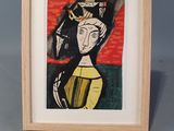an image of a framed painting of a woman with a hat